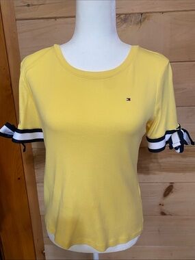 Tommy Hilfiger Yellow Short Sleeve Tee with Stripe Bow Cuffs